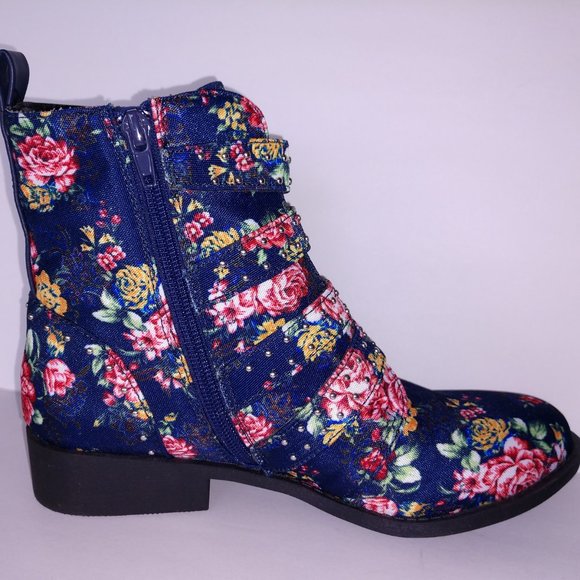 Qupid Rose Print Blue Denim Ankle Boots Buckles 5.5 - 10 - Picture 10 of 11